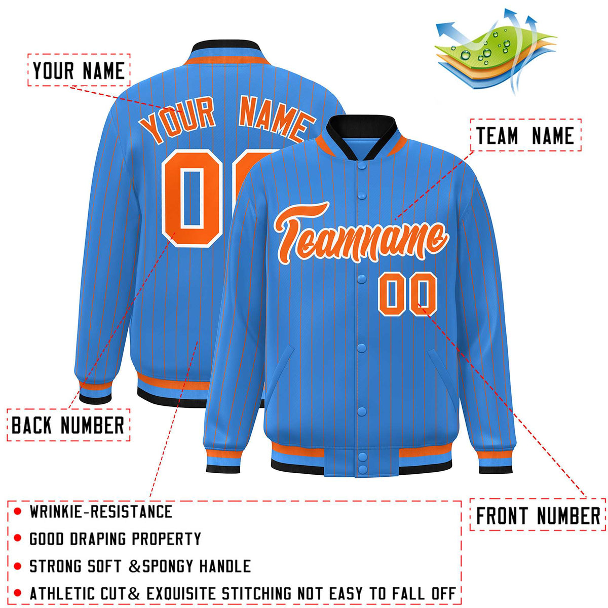 Custom Powder Blue Orange-White Personalized Stripe Fashion Letterman Bomber Varsity Jacket