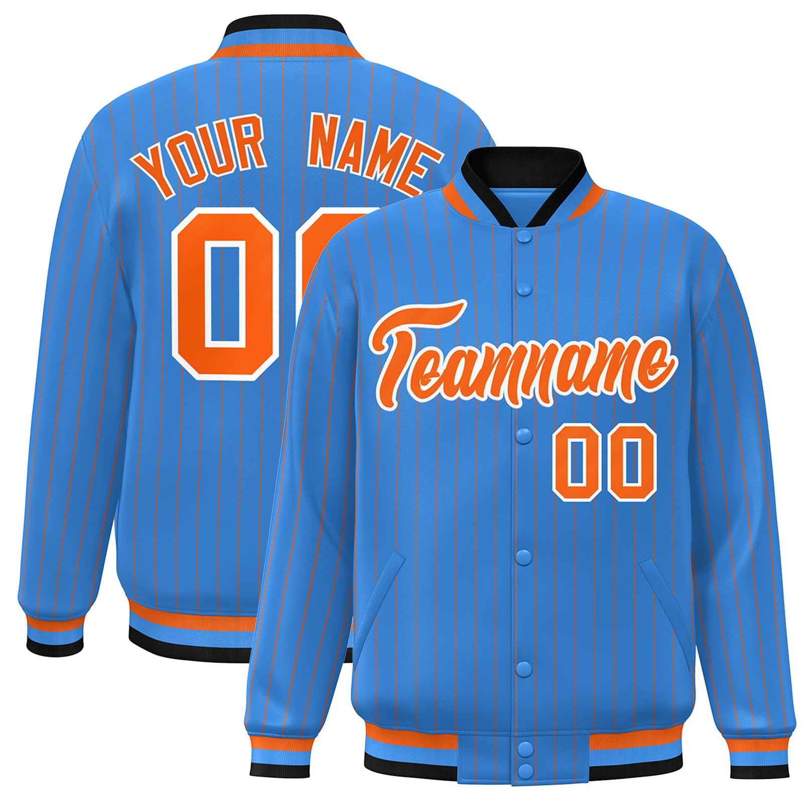 Custom Powder Blue Orange-White Personalized Stripe Fashion Letterman Bomber Varsity Jacket