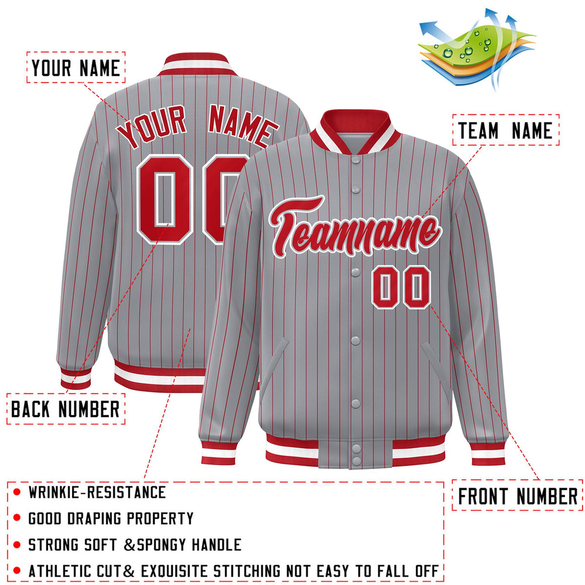 Custom Gray Red-White Personalized Stripe Fashion Letterman Bomber Varsity Jacket