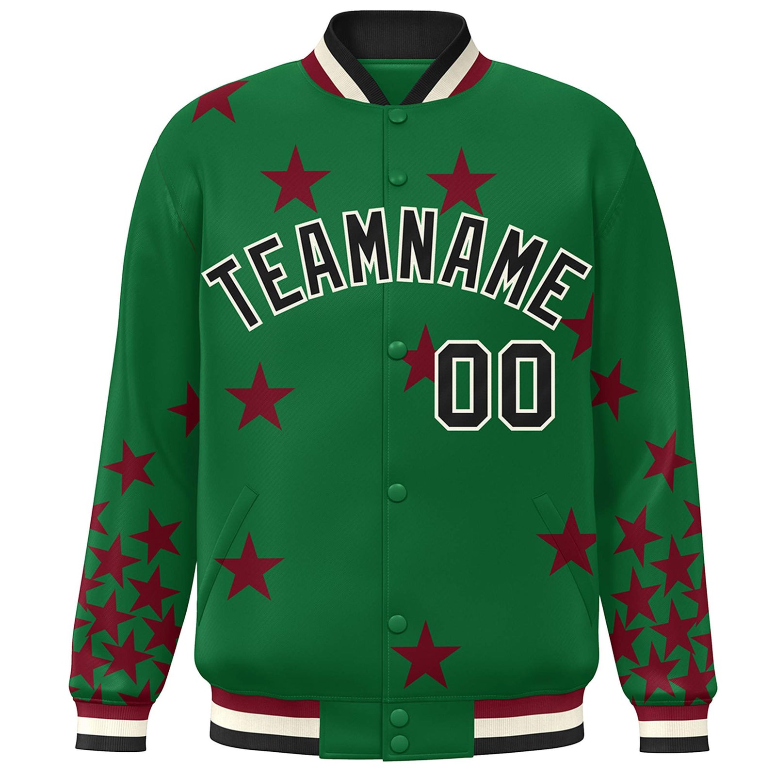 Custom Kelly Green Black-White Star Graffiti Pattern Varsity Full-Snap Bomber Jacket