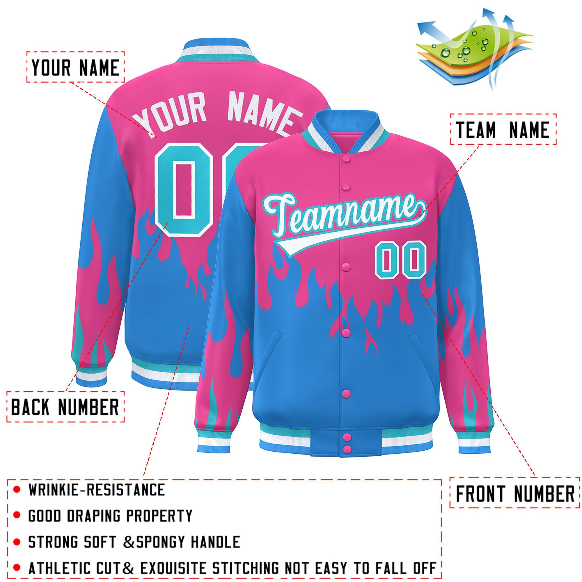 Custom Pink Powder Blue-White Flame Graffiti Pattern Bomber Varsity Full-Snap Jacket