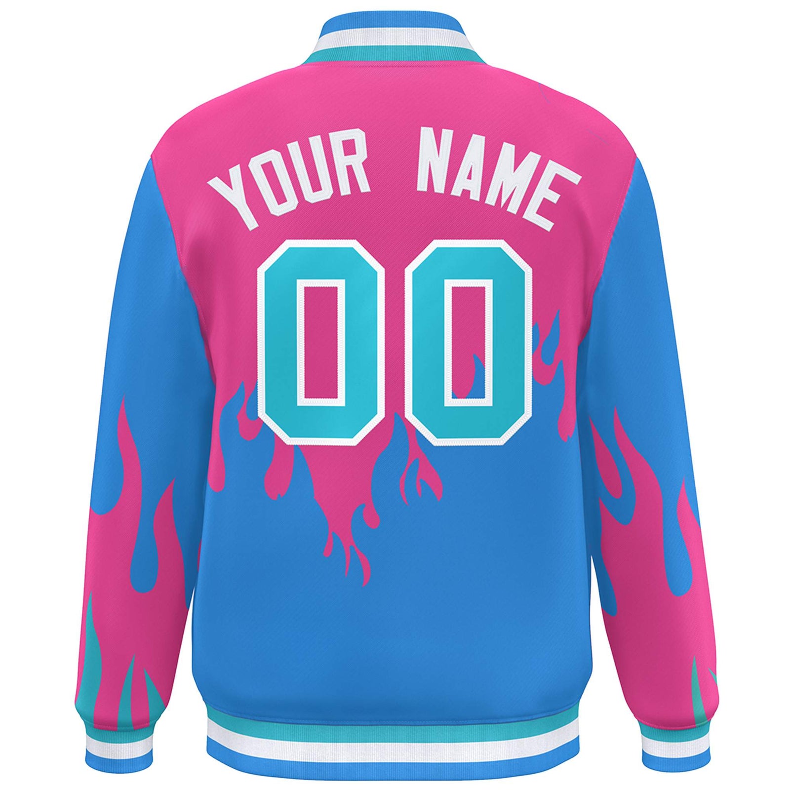 Custom Pink Powder Blue-White Flame Graffiti Pattern Bomber Varsity Full-Snap Jacket