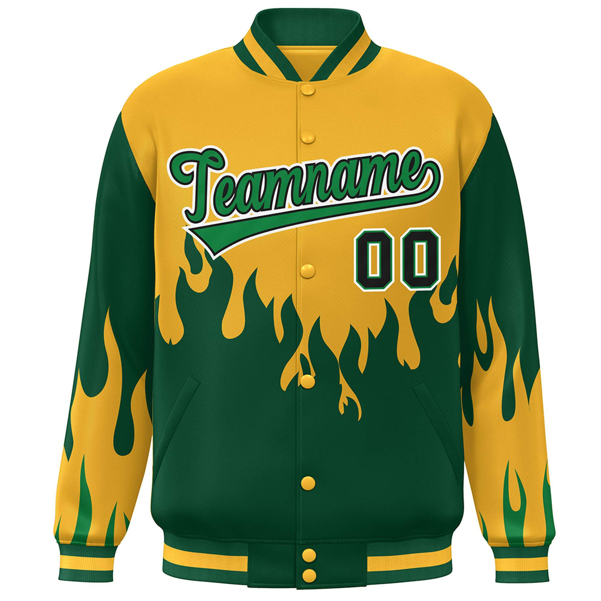 Custom Gold Green-White Flame Graffiti Pattern Bomber Varsity Full-Snap Jacket