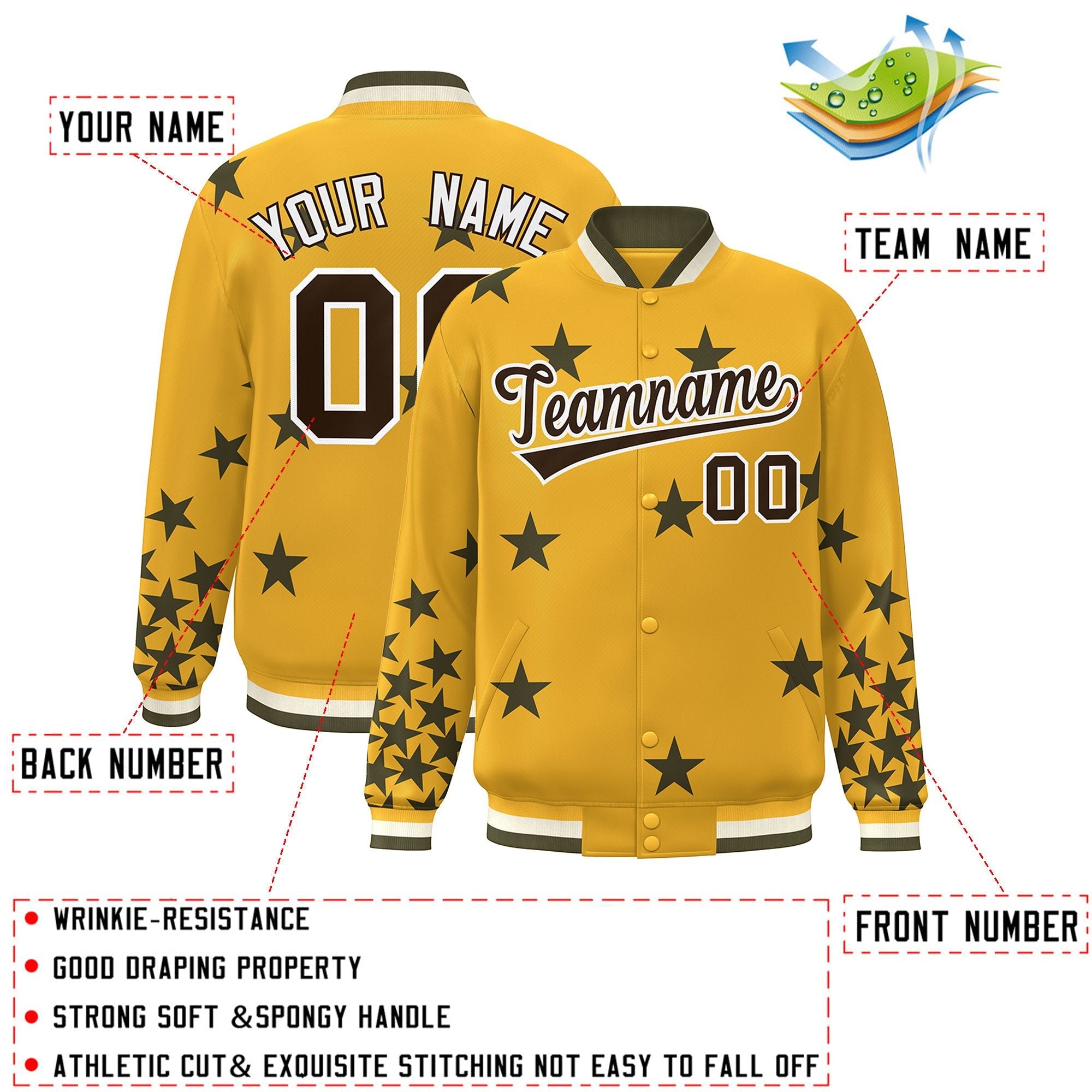 Custom Gold Black-White Star Graffiti Pattern Varsity Full-Snap Bomber Jacket