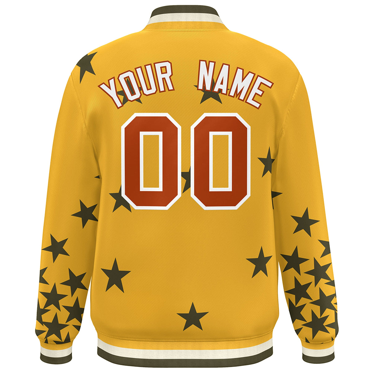 Custom Gold Brown-White Star Graffiti Pattern Varsity Full-Snap Bomber Jacket