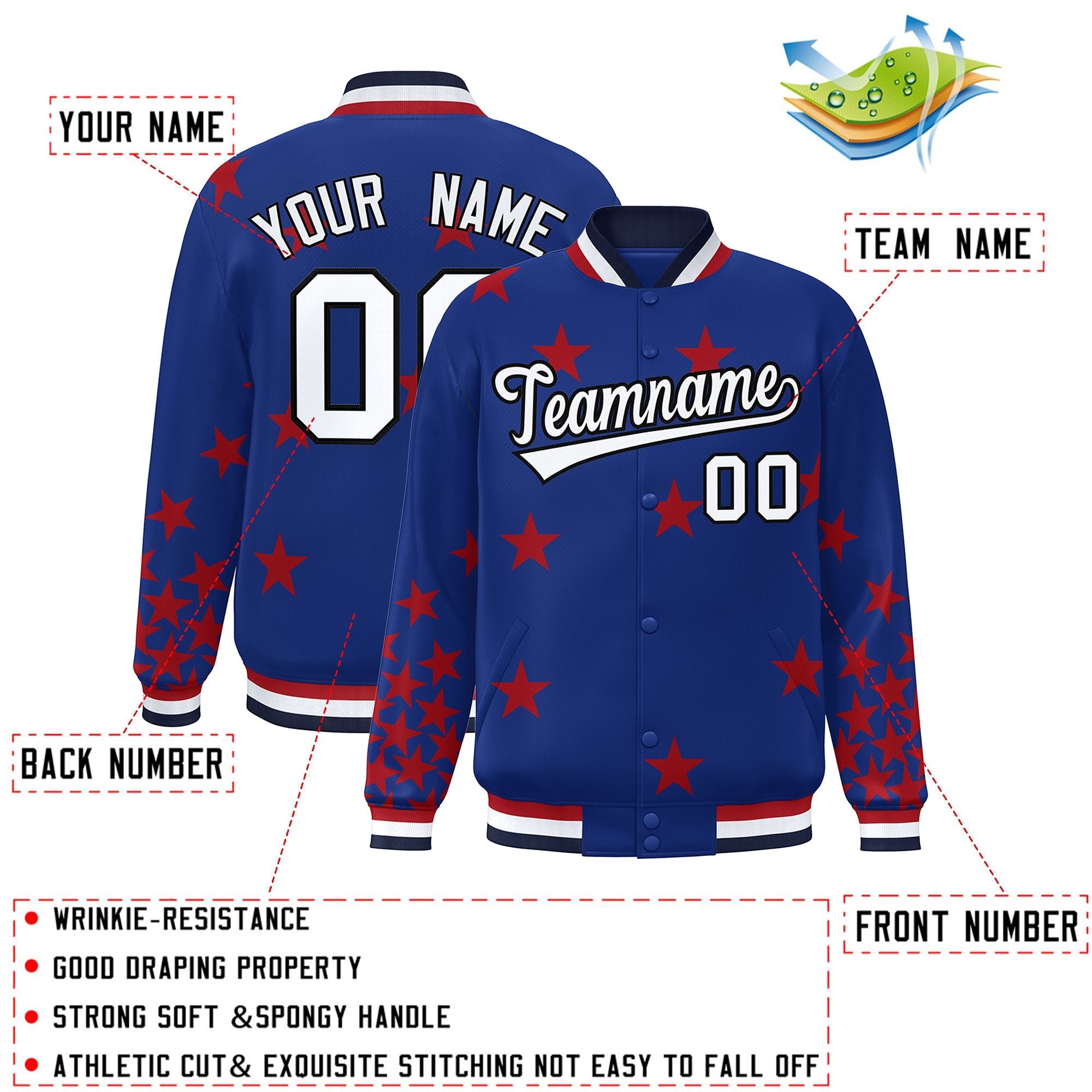 Custom Royal White Star Graffiti Pattern Varsity Full-Snap Bomber Jacket