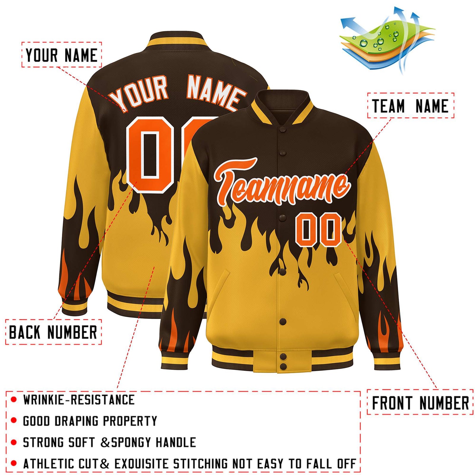Custom Brown Gold-Orange Flame Graffiti Pattern Bomber Varsity Full-Snap Jacket
