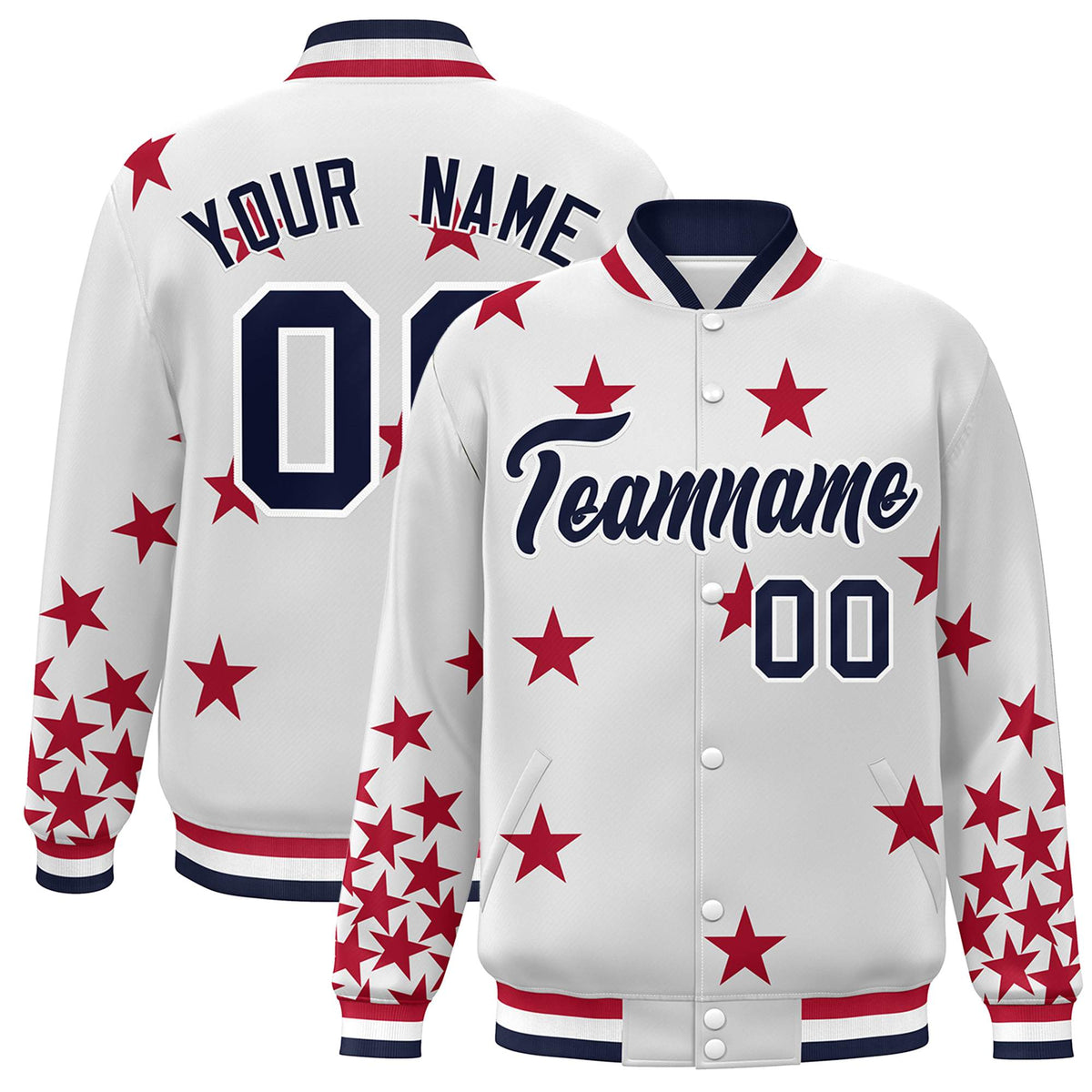 Custom White Navy Star Graffiti Pattern Varsity Full-Snap Bomber Jacket