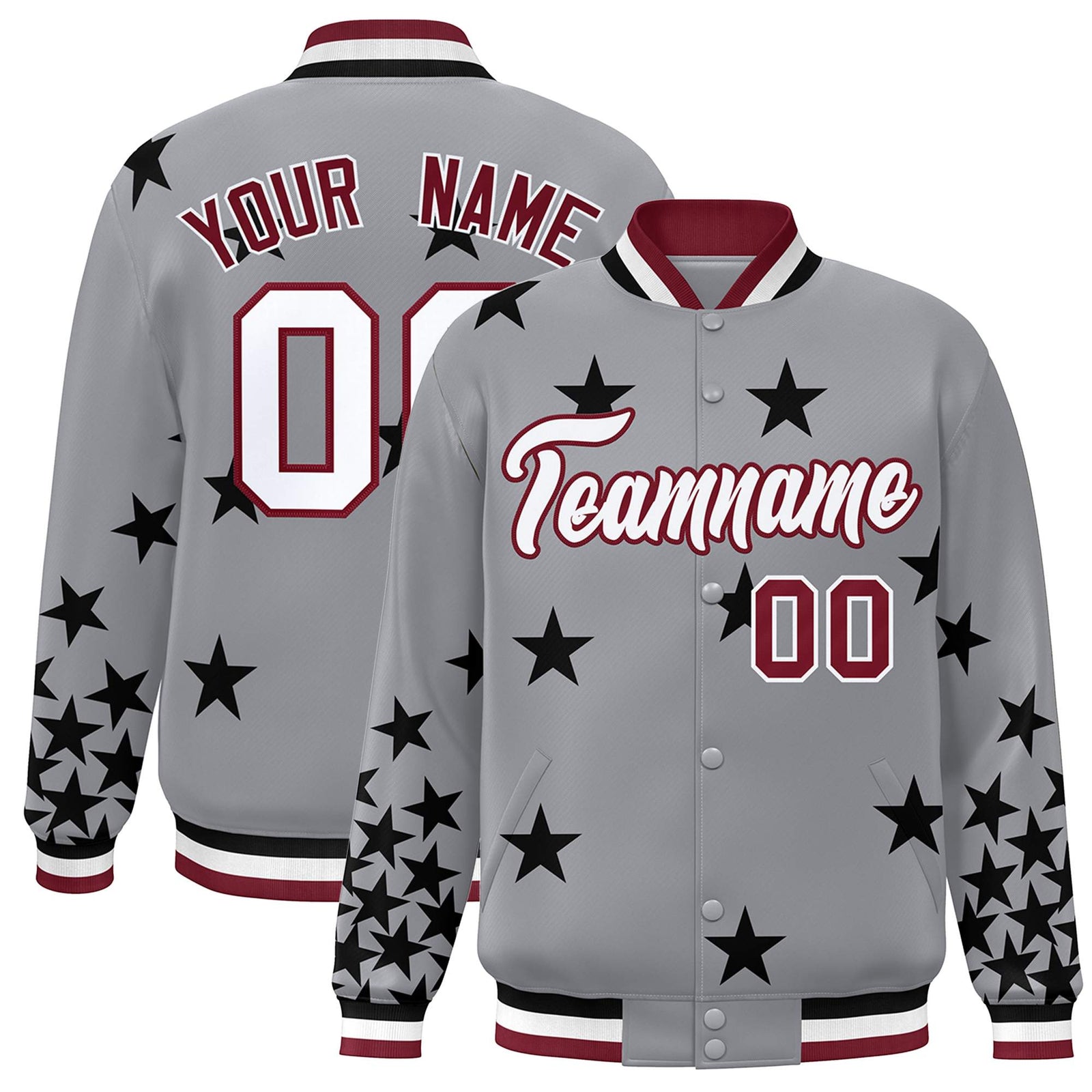 Custom Gray White-Crimson Star Graffiti Pattern Varsity Full-Snap Bomber Jacket