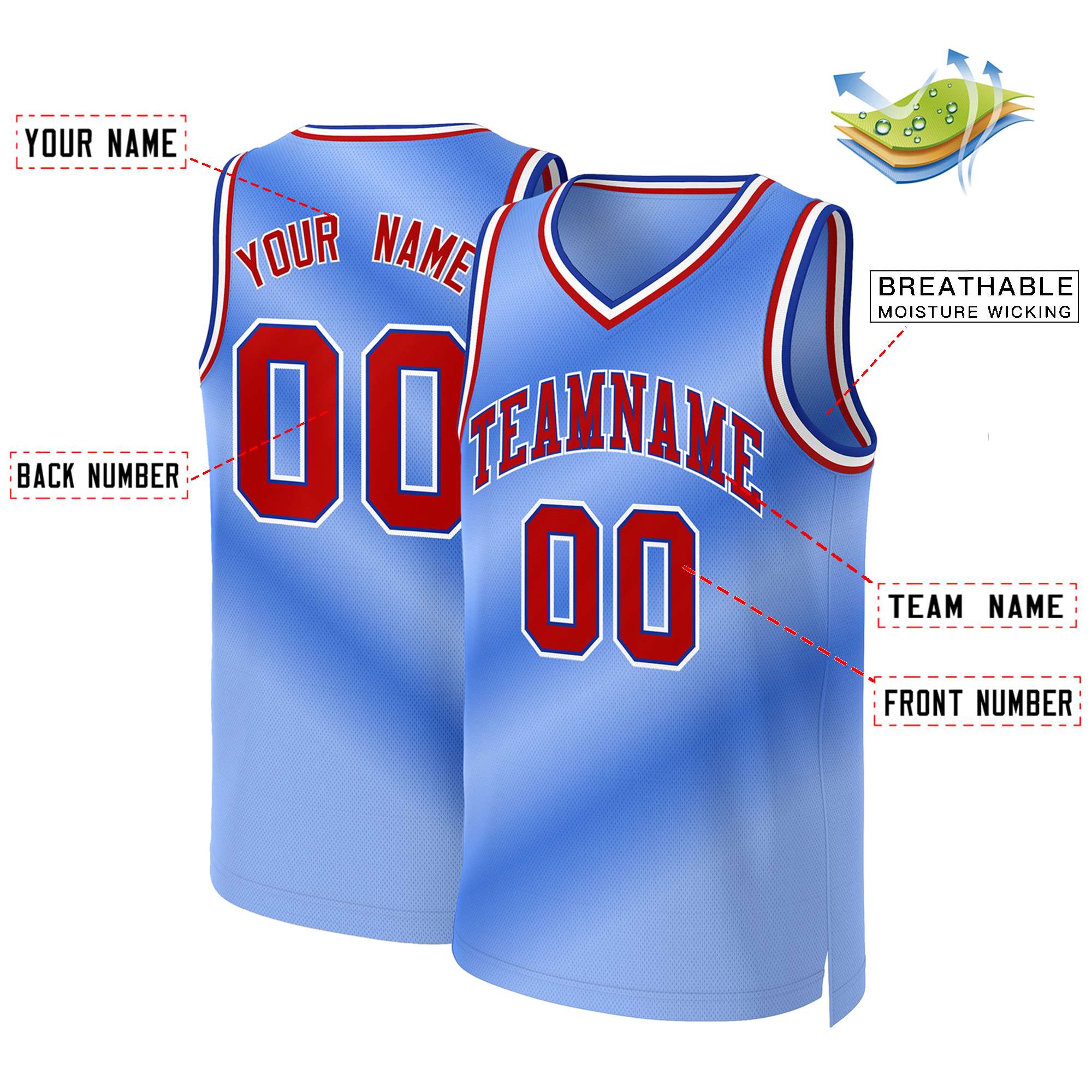 Custom Light Blue Red-Royal Gradient Fashion Tops Basketball Jersey