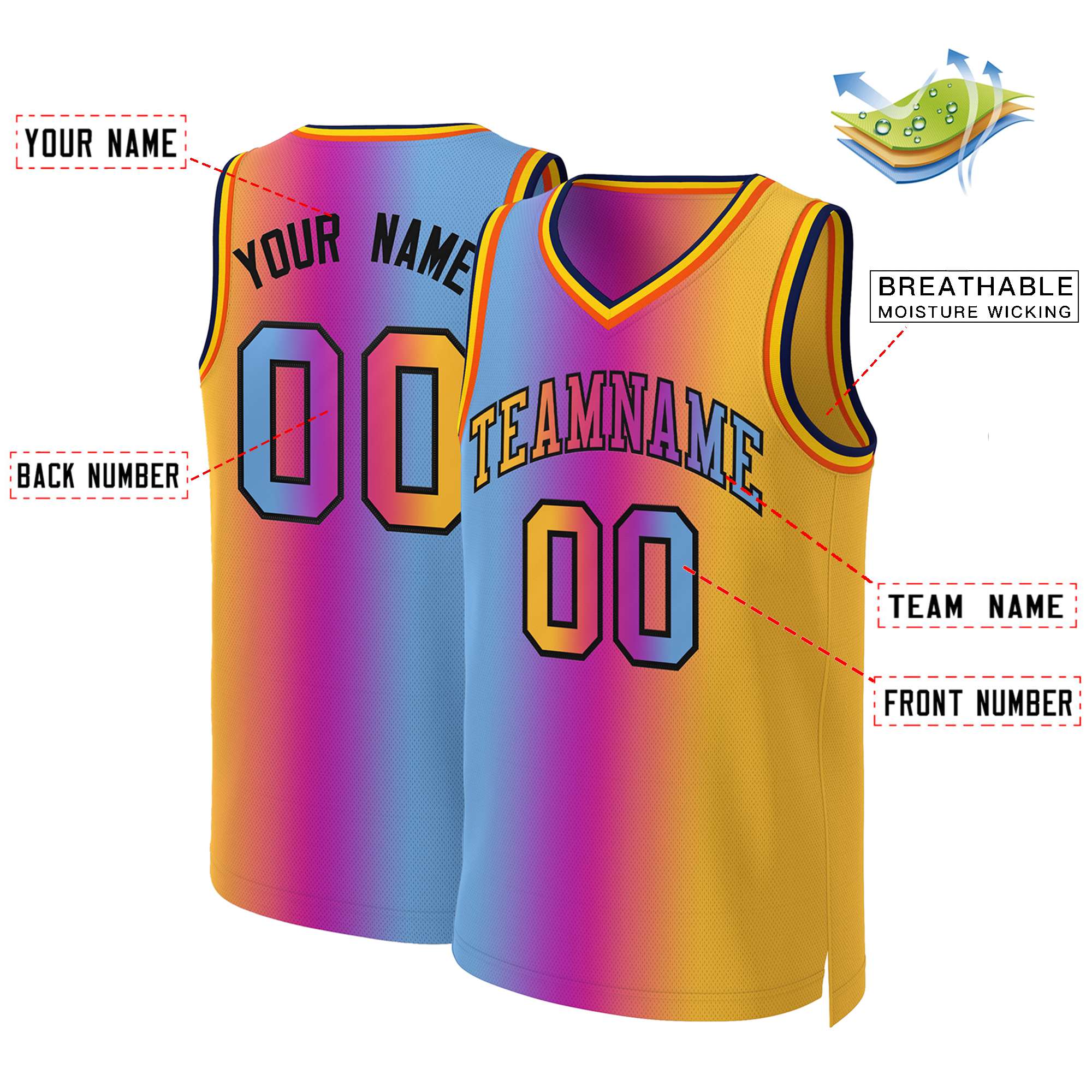Custom Pink Yellow-Black Gradient Fashion Tops Basketball Jersey