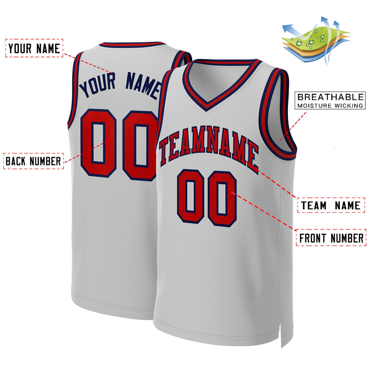 Custom Gray Red-Navy Classic Tops Basketball Jersey