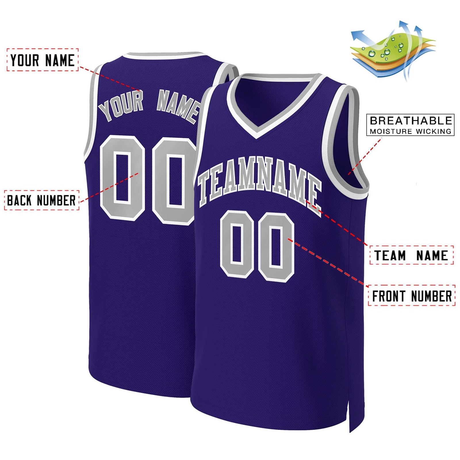Custom Purple Gray-White Classic Tops Basketball Jersey