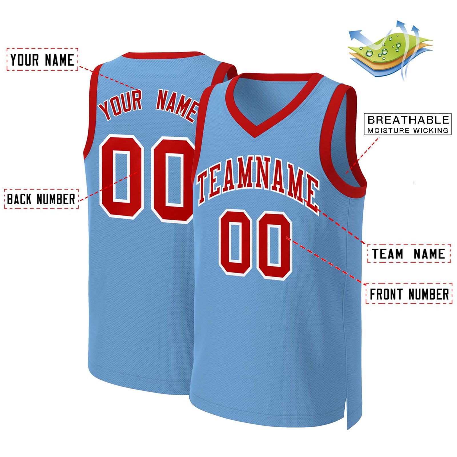 Custom Light Blue Red-White Classic Tops Basketball Jersey