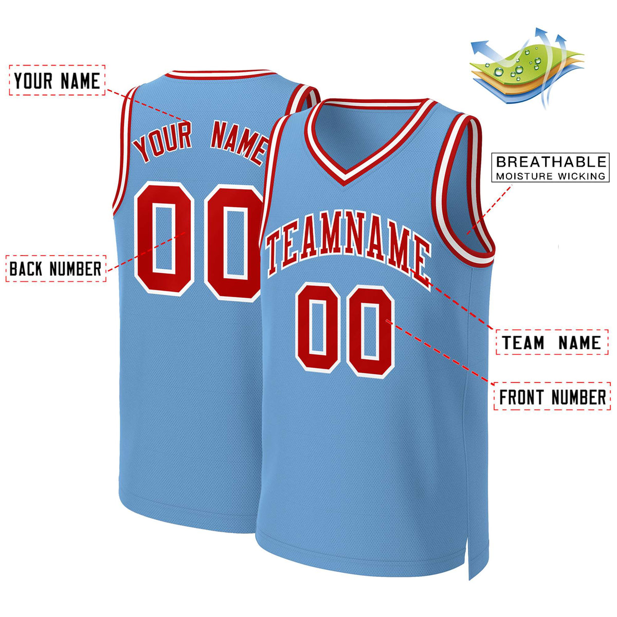 Custom Light Blue Red-White Classic Tops Basketball Jersey