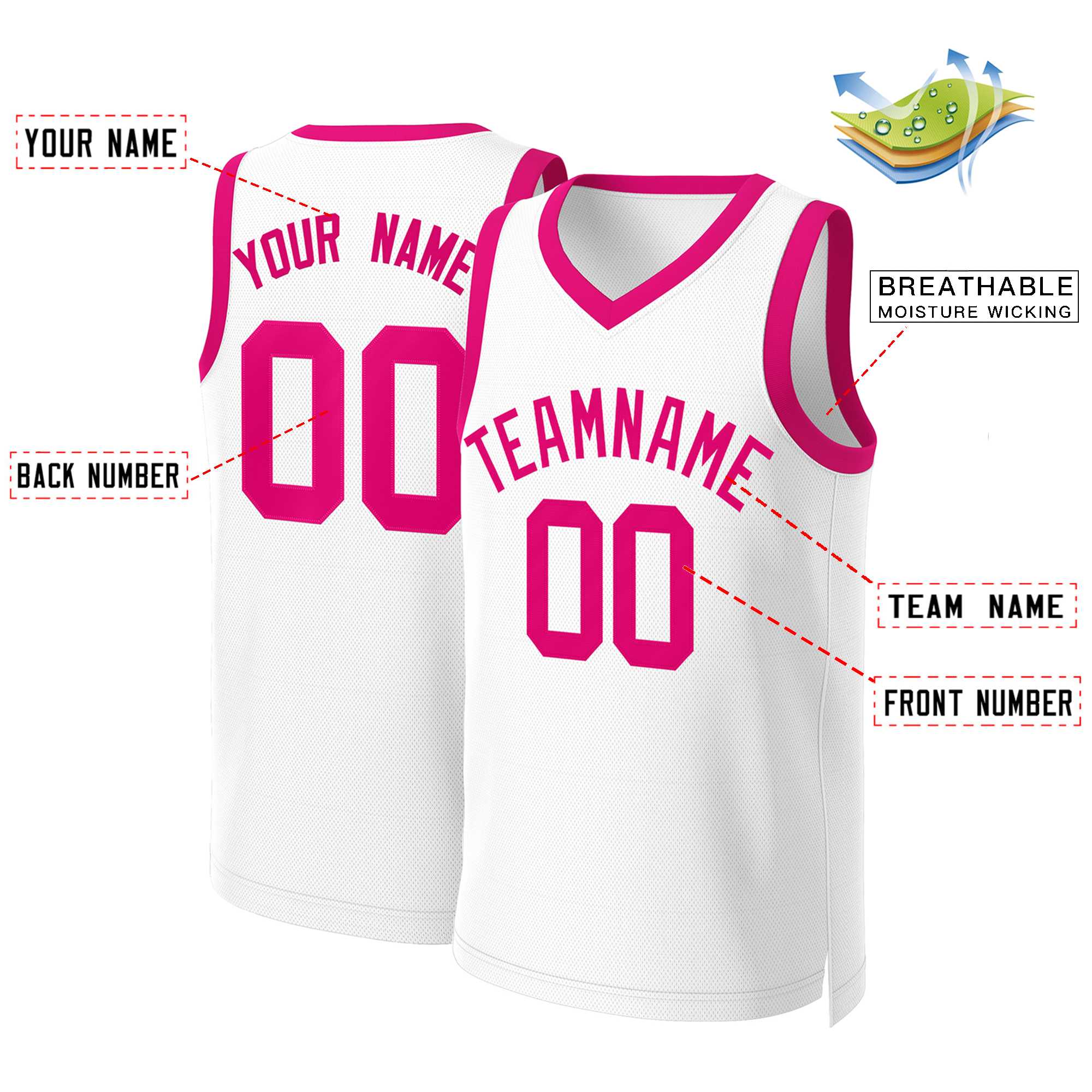 Custom White Pink Classic Tops Basketball Jersey