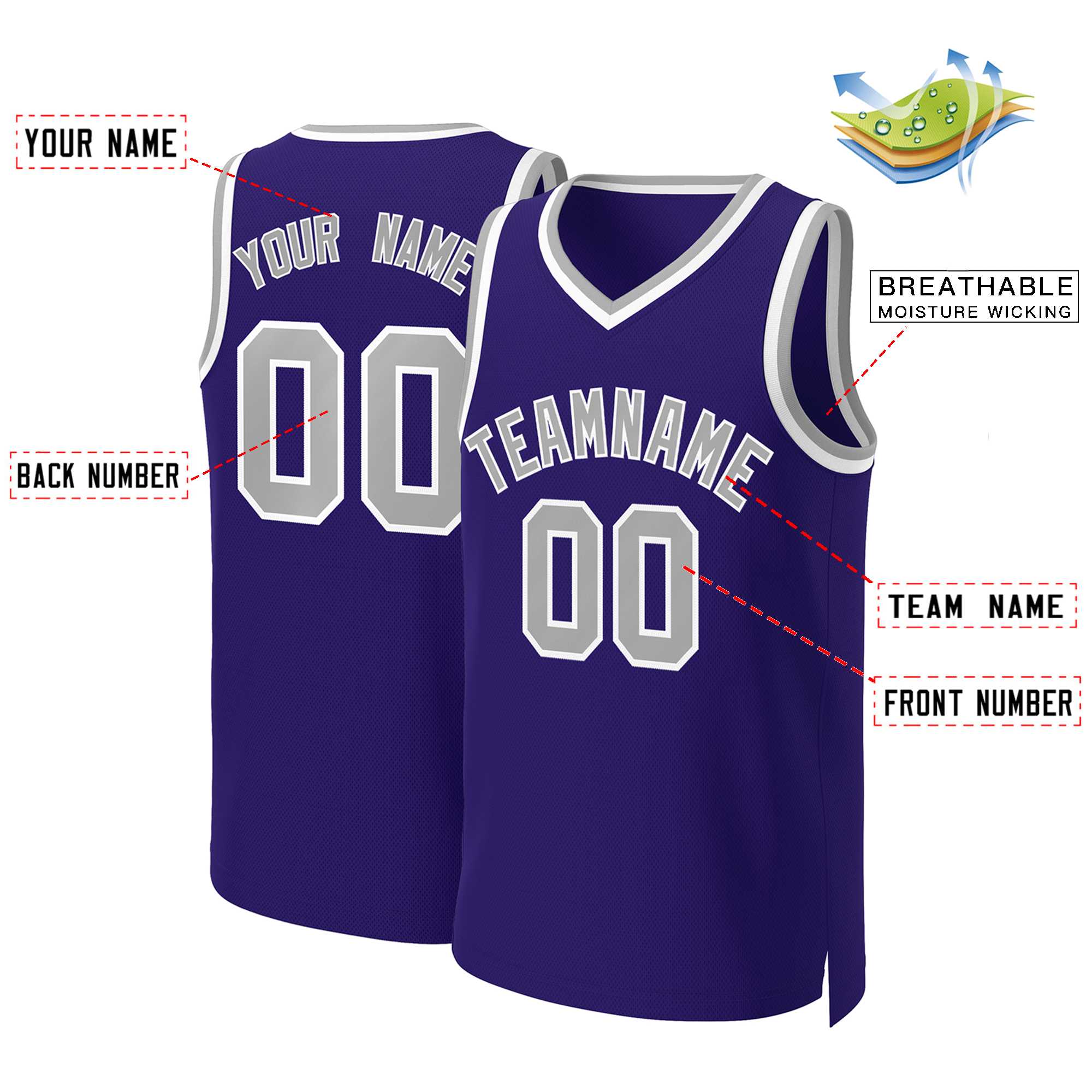Custom Purple Gray-White Classic Tops Basketball Jersey