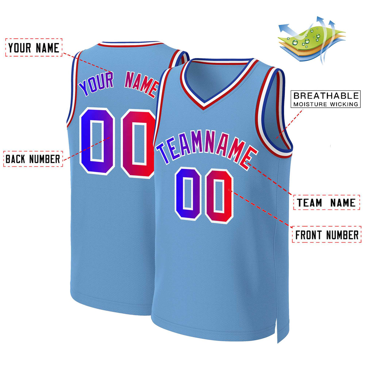 Custom Light Blue Blue-White Classic Gradient Fashion Tops Basketball Jersey