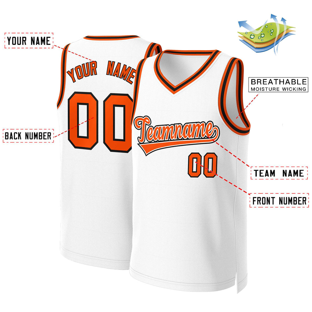 Custom White Orange-White Classic Tops Basketball Jersey