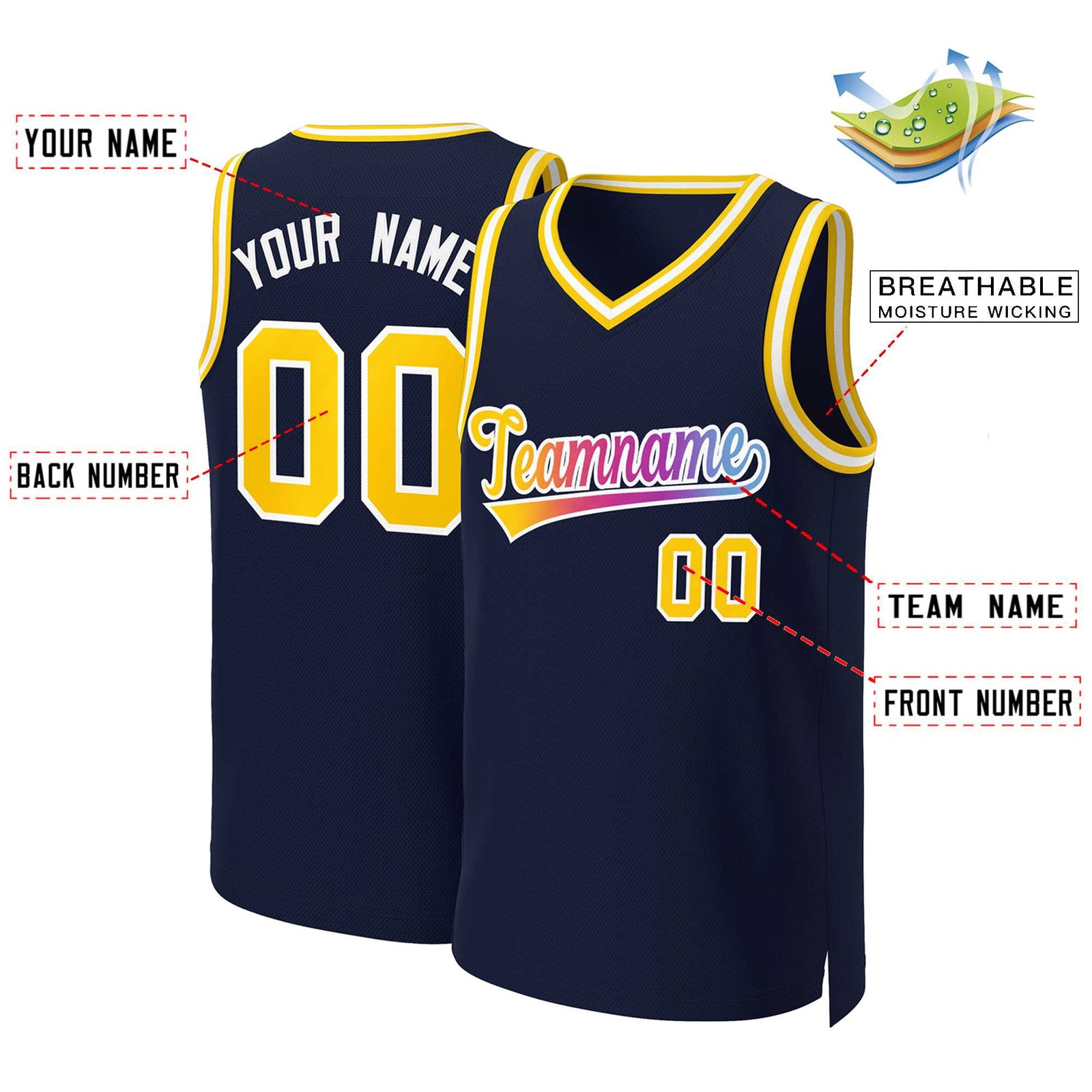 Custom Navy Yellow-White Classic Gradient Fashion Tops Basketball Jersey