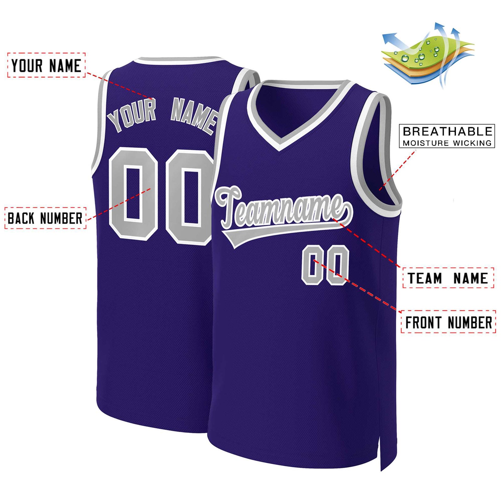 Custom Purple Gray-White Classic Tops Basketball Jersey