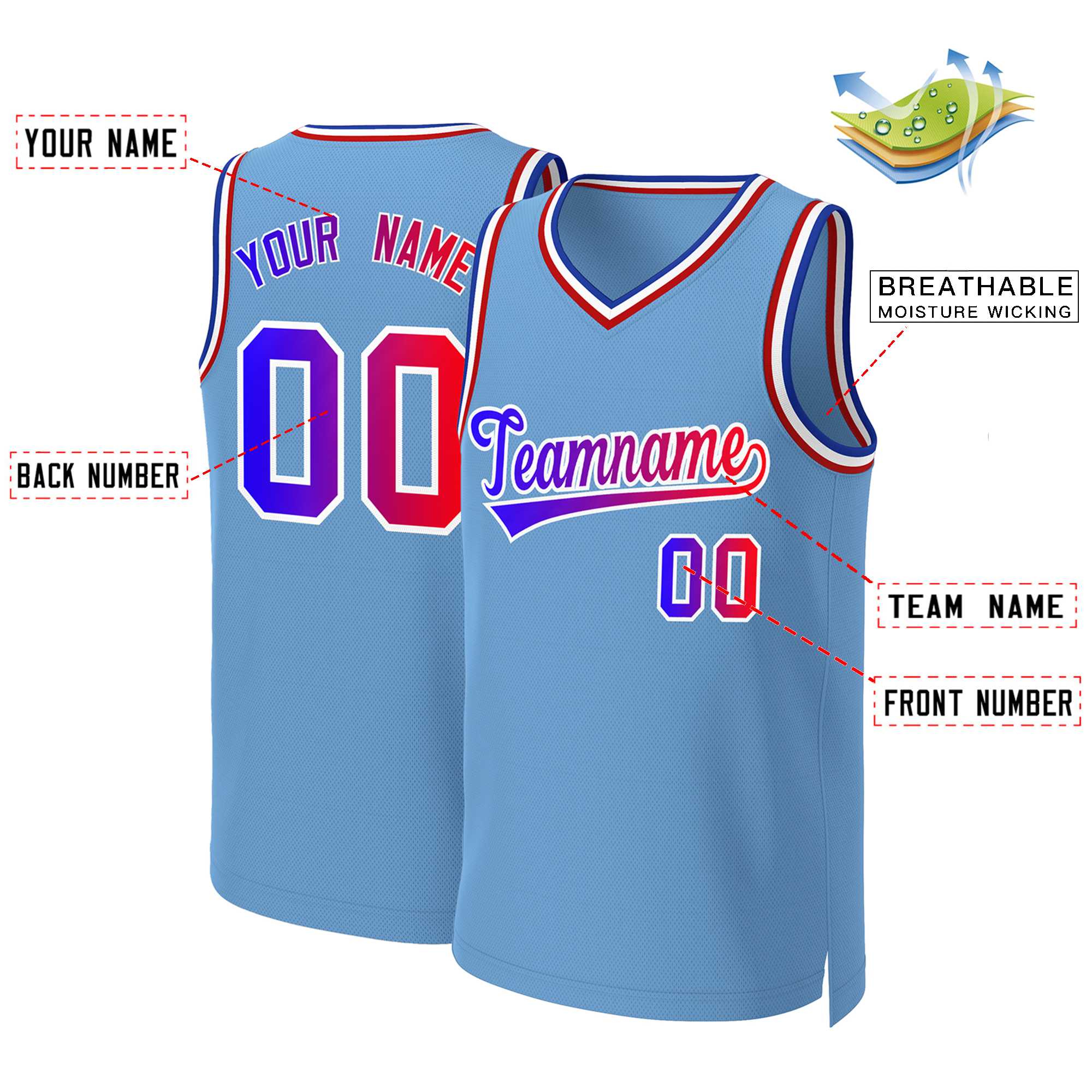 Custom Light Blue Blue-White Classic Gradient Fashion Tops Basketball Jersey