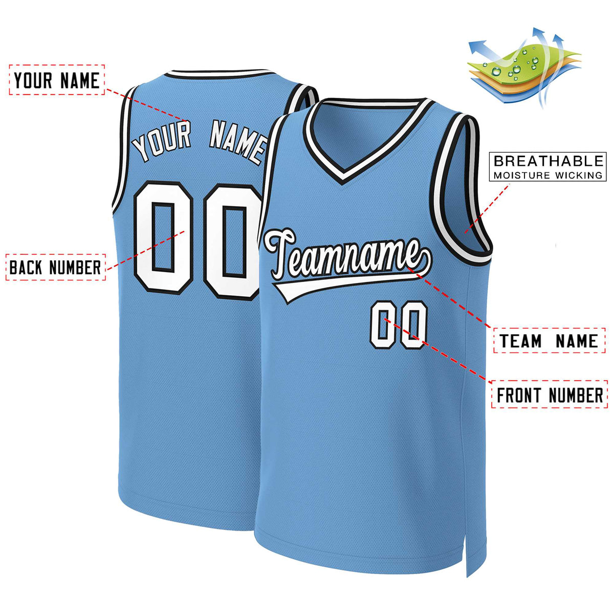 Custom Light Blue White-Black Classic Tops Basketball Jersey