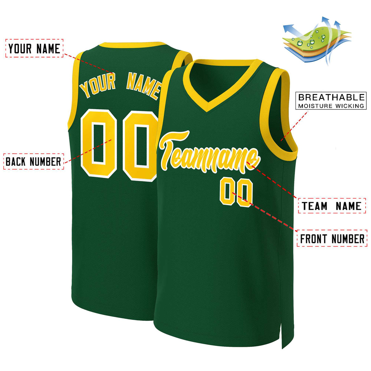 Custom Green Gold-White Classic Tops Basketball Jersey