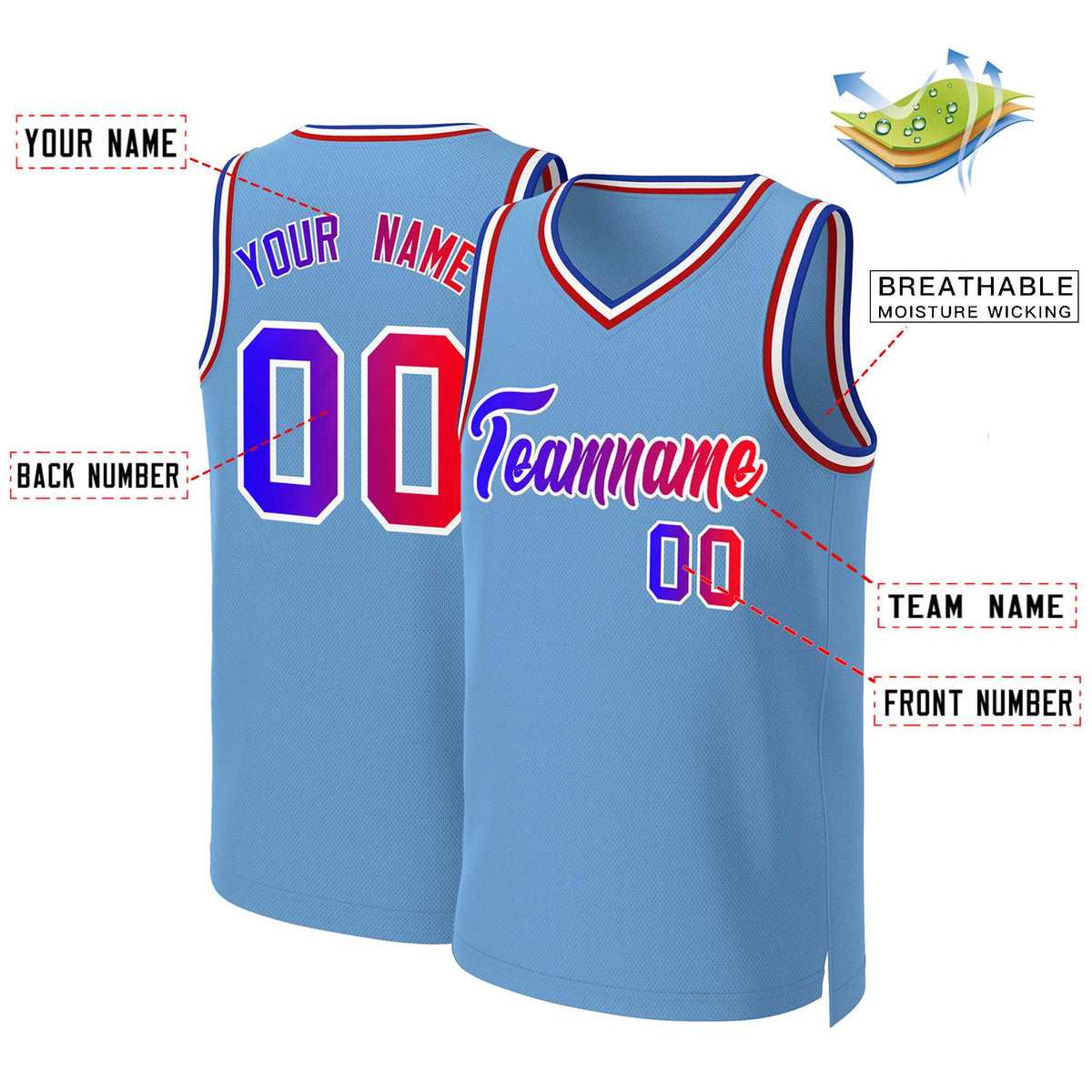 Custom Light Blue Blue-White Classic Gradient Fashion Tops Basketball Jersey