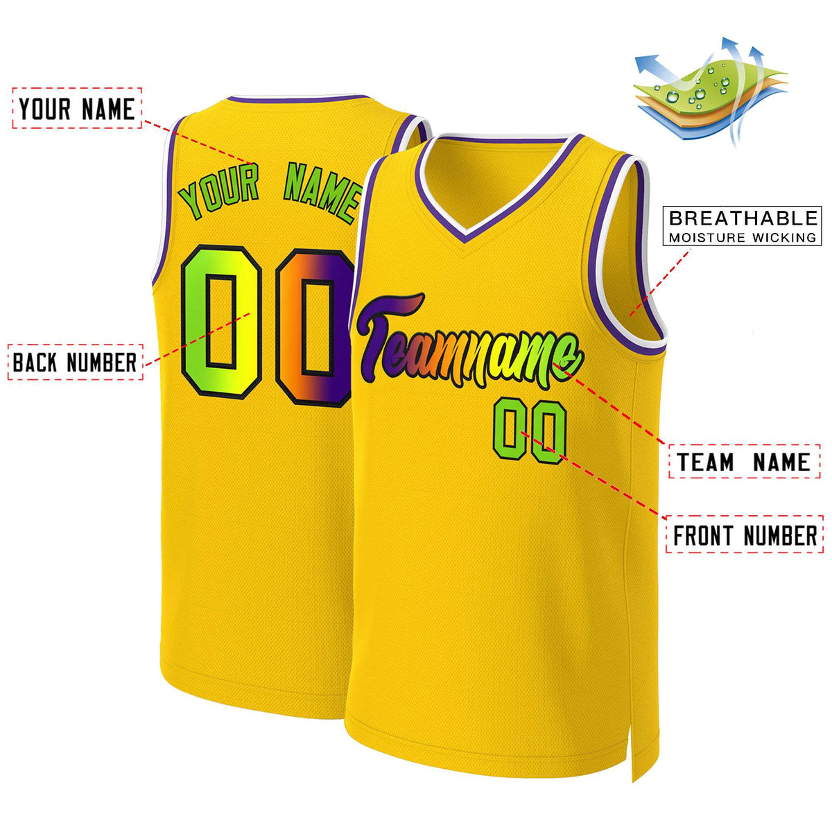 Custom Yellow Purple-Black Classic Gradient Fashion Tops Basketball Jersey