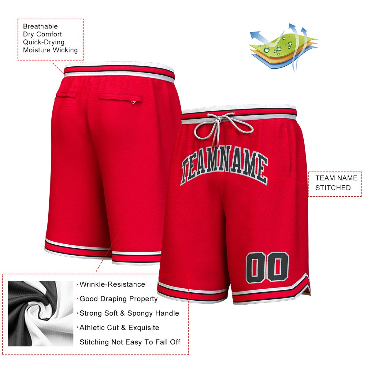 Custom Red Black-White Personalized Basketball Shorts