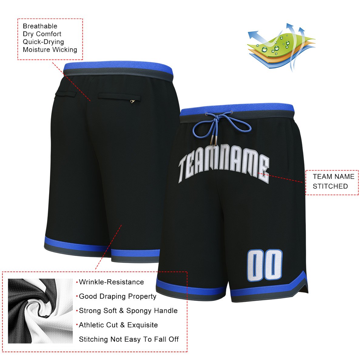 Custom Black White-Blue Personalized Basketball Shorts