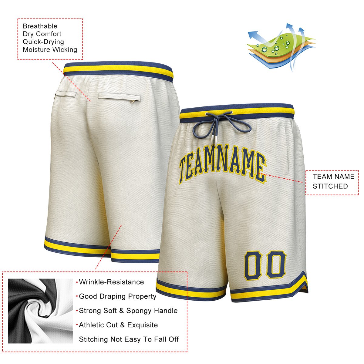 Custom Cream Navy-Yellow Personalized Basketball Shorts