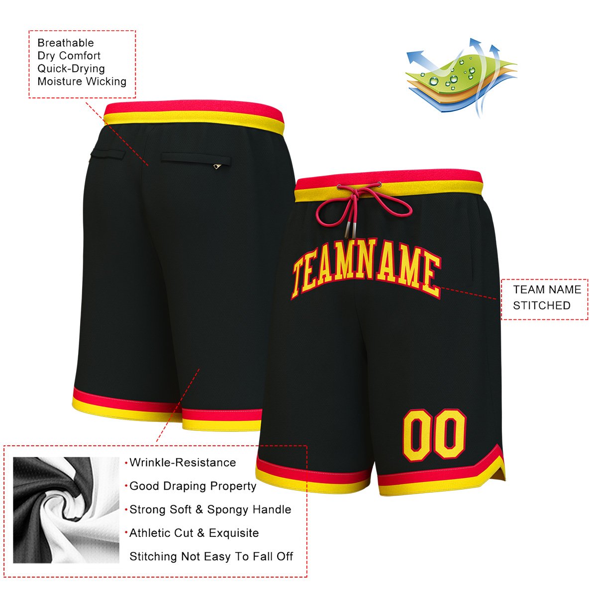 Custom Black Yellow-Red Personalized Basketball Shorts
