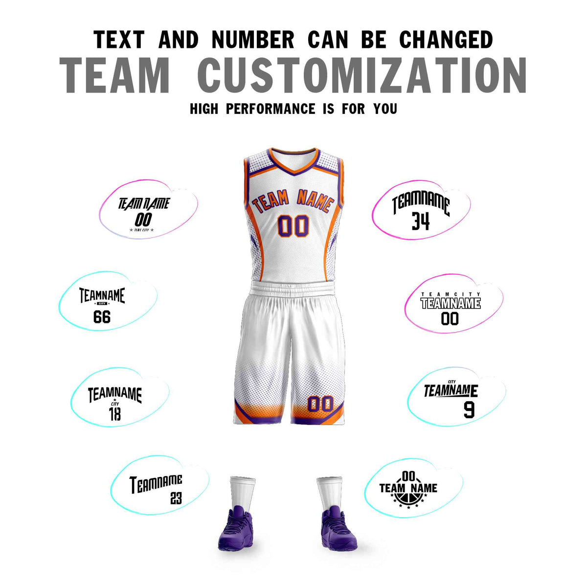 Custom White Orange-Purple Graffiti Pattern Sets Points Element Basketball Jersey