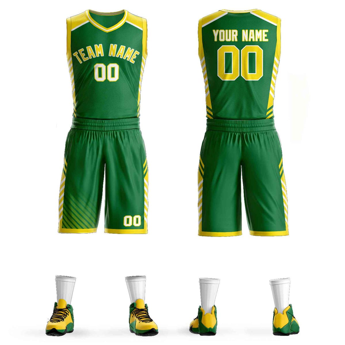 Custom Kelly Green Gold-White Graffiti Pattern Sets Bar Element Basketball Jersey