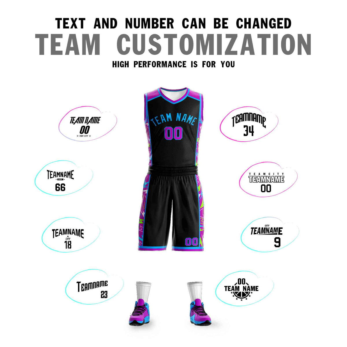 Custom Black Powder Blue Graffiti Pattern Sets Lightning Basketball Jersey