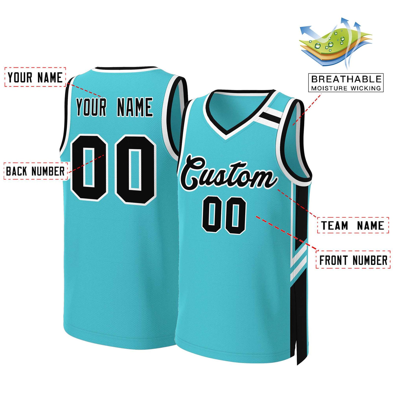 Custom Teal Black White Classic Tops Mesh Basketball Jersey