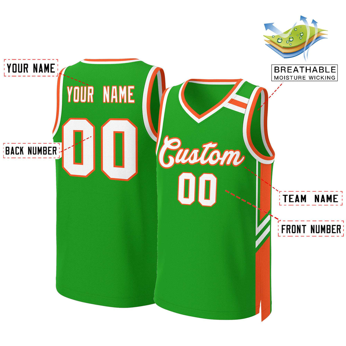 Custom Green Orange White Classic Tops Mesh Basketball Jersey