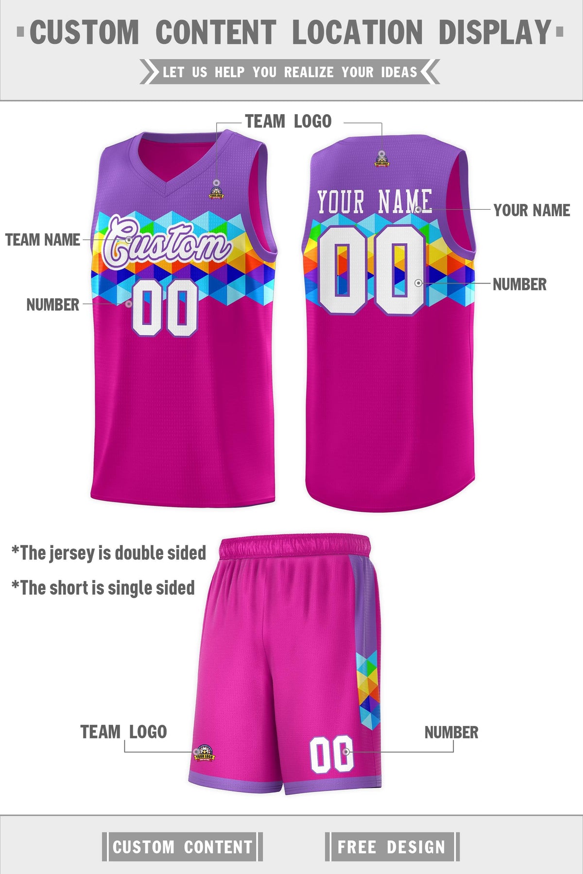 Custom Purple Rose Pink-White Personalized Colorful Basketball Jersey Sets