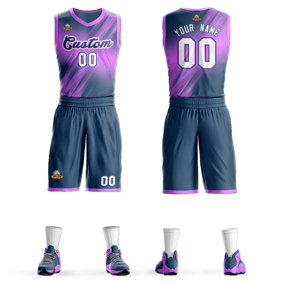Custom Pink Navy-White Gradient Fashion Sets Slash Basketball Jersey