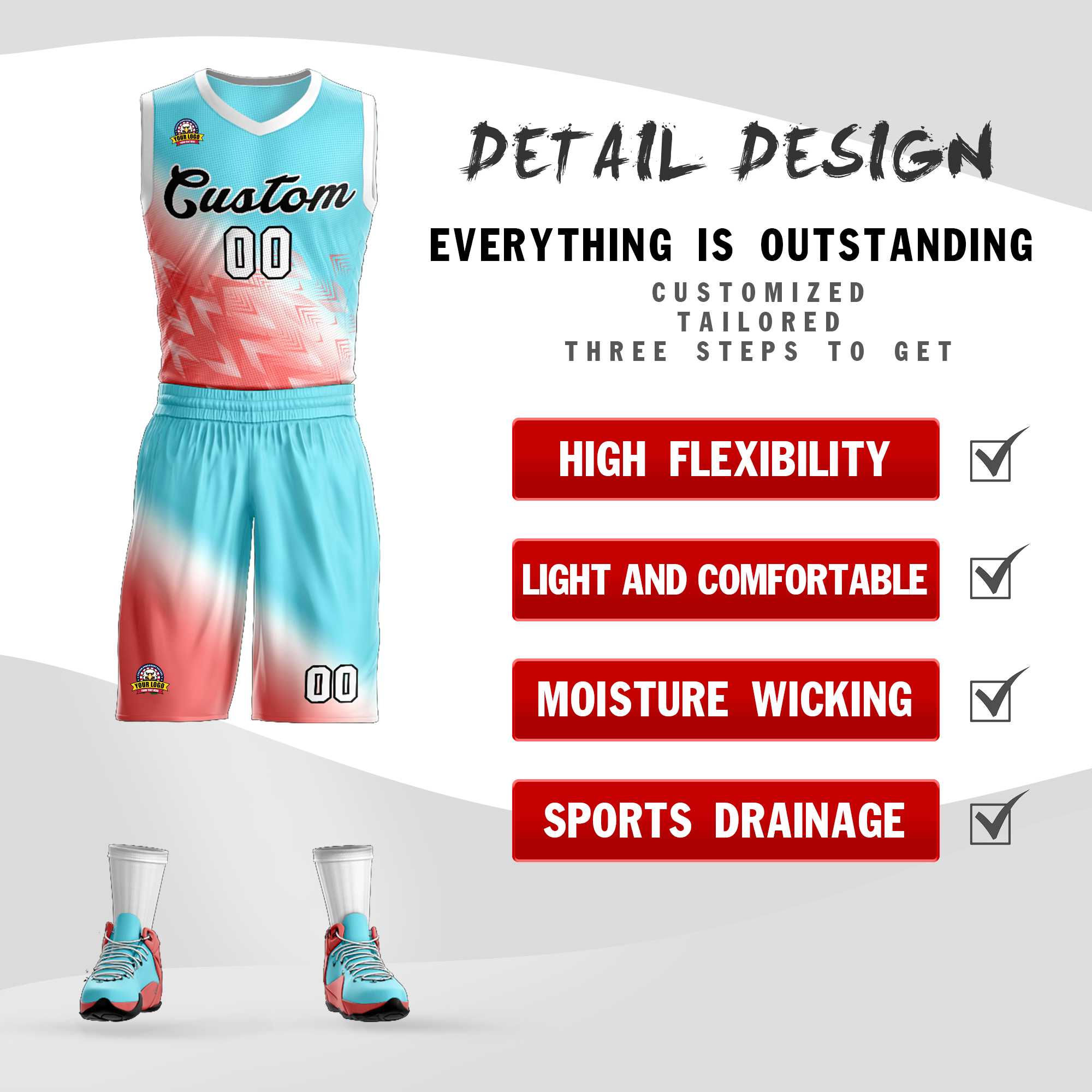 Custom Aqua Red-Black Gradient Fashion Sets Slash Basketball Jersey