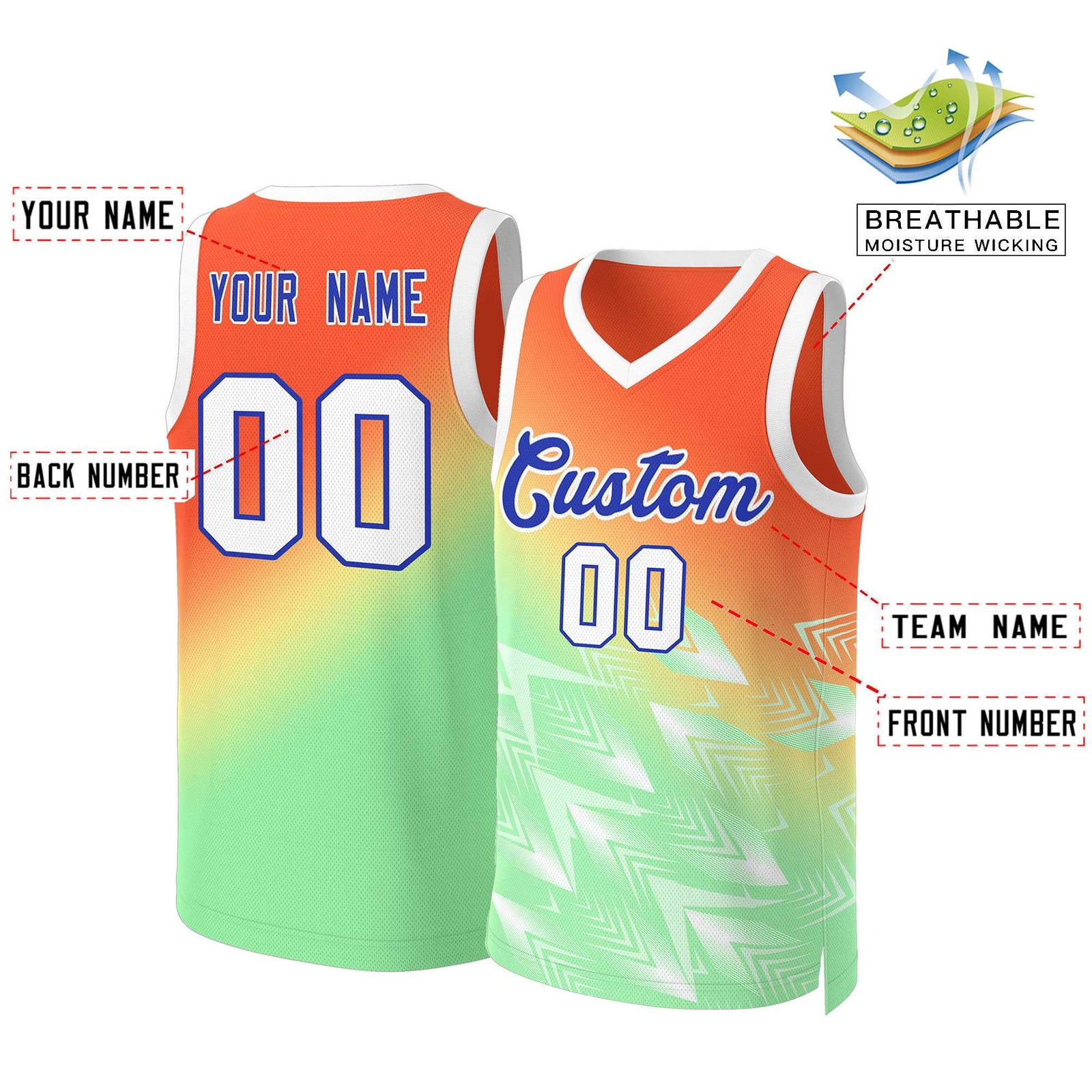 Custom Orange Green-Royal Gradient Fashion Tops Slash Basketball Jersey