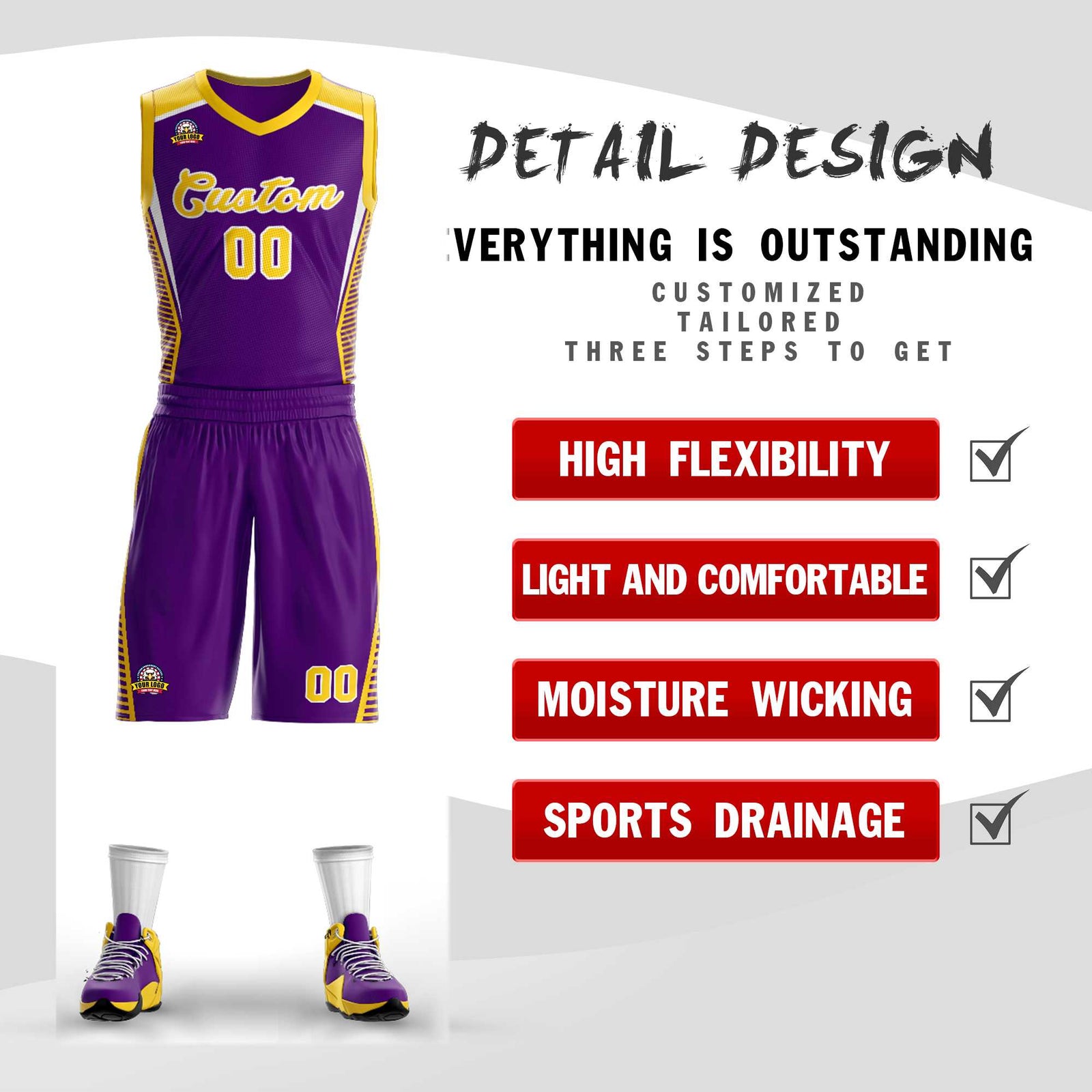 Custom Purple Gold-White Classic Sets Mesh Basketball Jersey