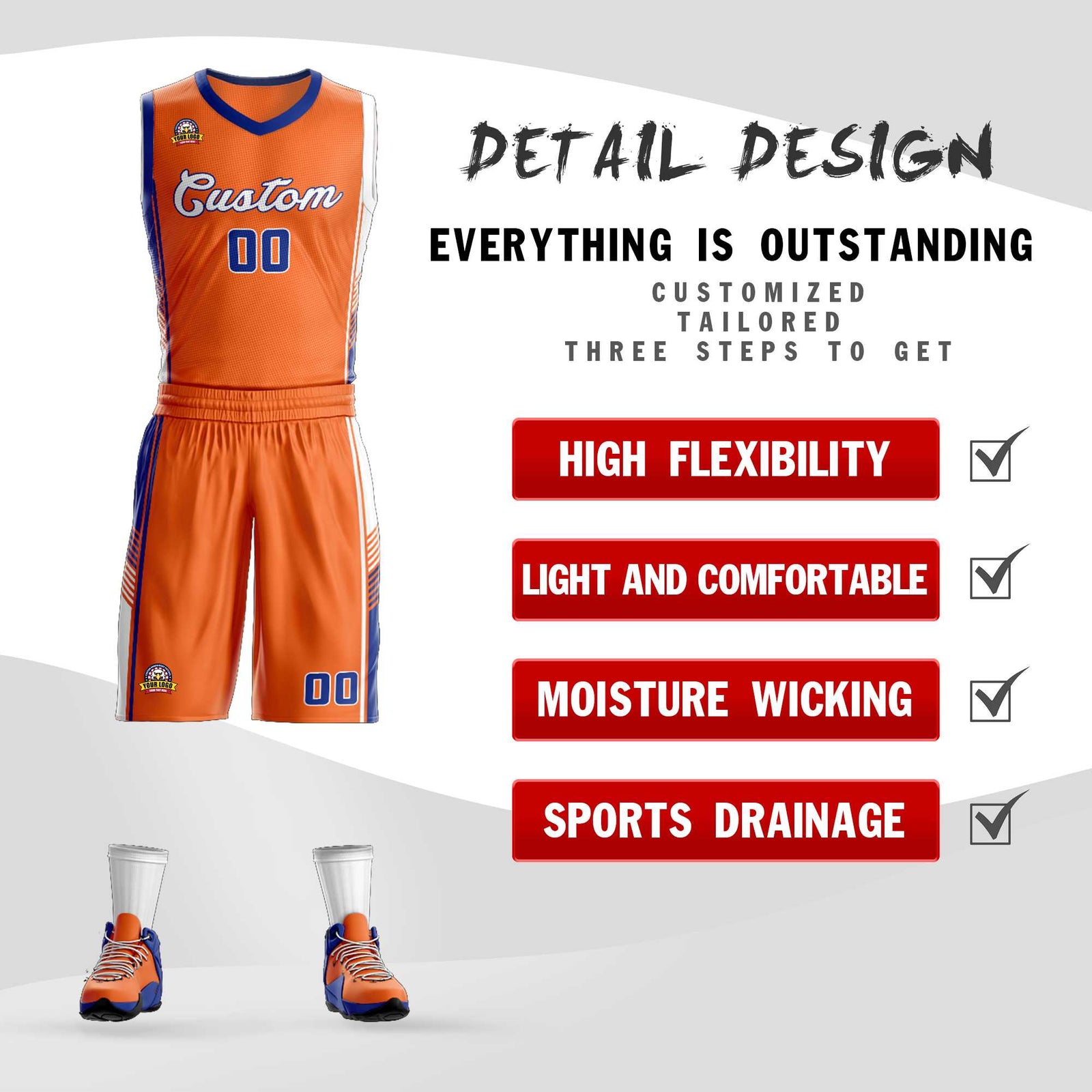 Custom Orange Royal-White Classic Sets Sports Uniform Basketball Jersey