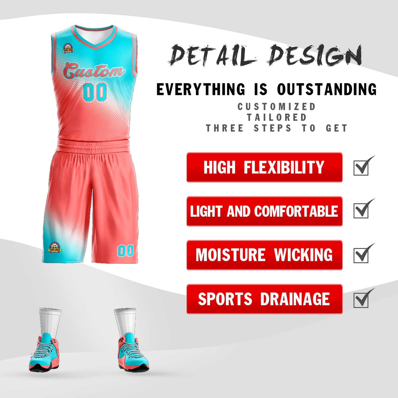 Custom Sky Blue Light Red Gradient Fashion Sports Uniform Basketball Jersey