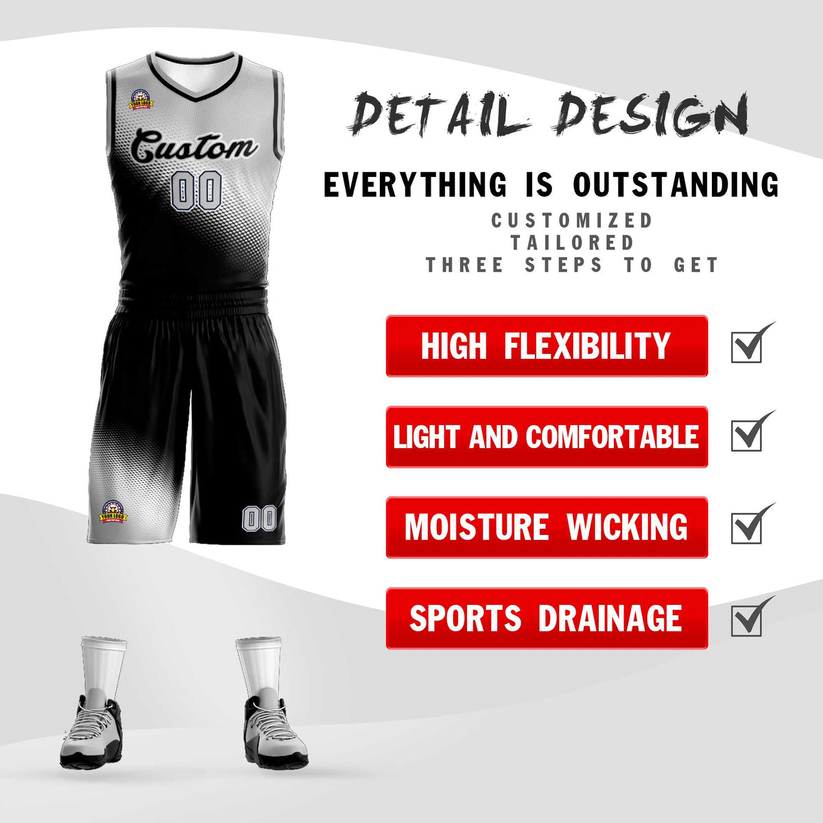 Custom Light Gray Black Gradient Fashion Sports Uniform Basketball Jersey