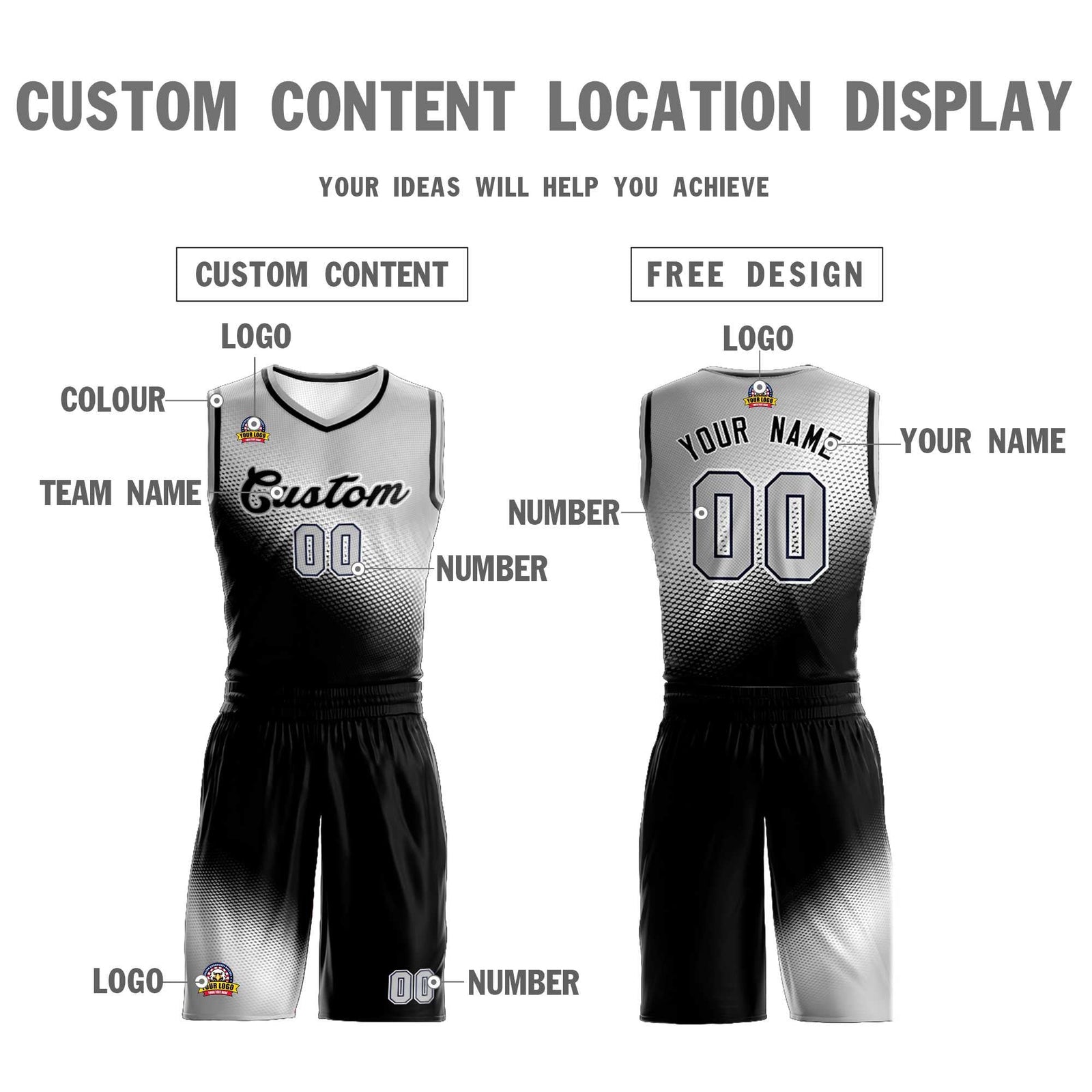Custom Light Gray Black Gradient Fashion Sports Uniform Basketball Jersey