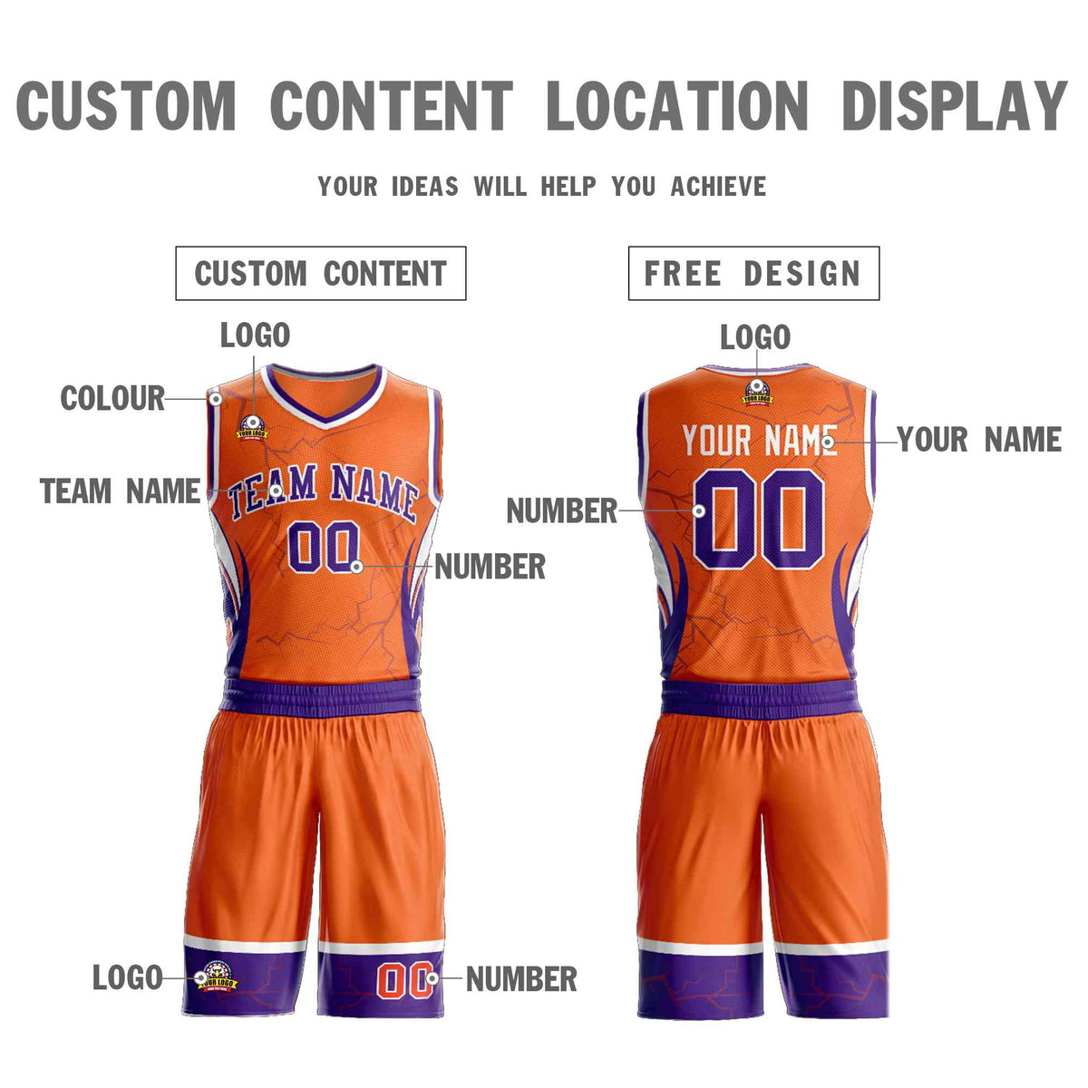 Custom Orange Purple-White Graffiti Pattern Sets Lightning Basketball Jersey