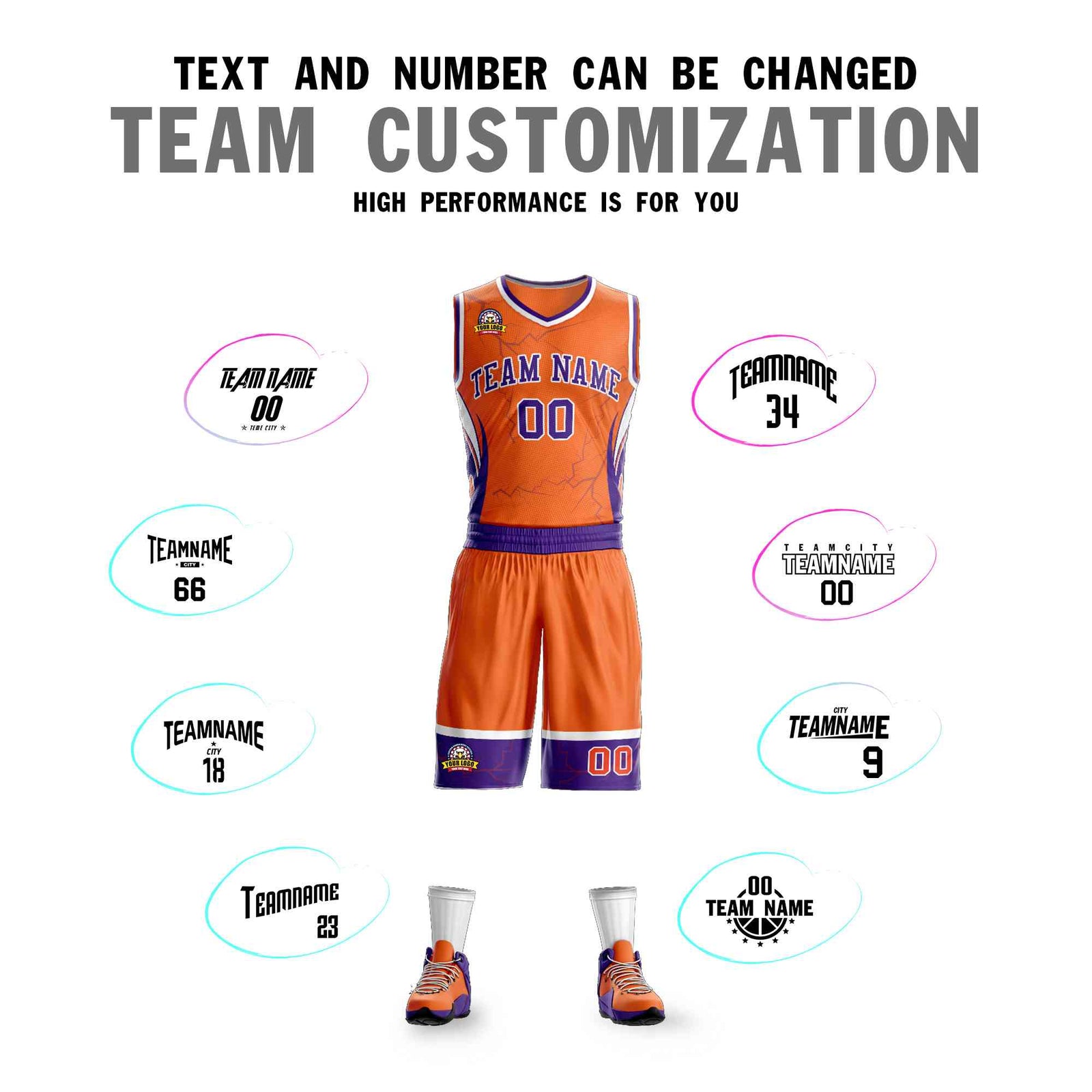Custom Orange Purple-White Graffiti Pattern Sets Lightning Basketball Jersey